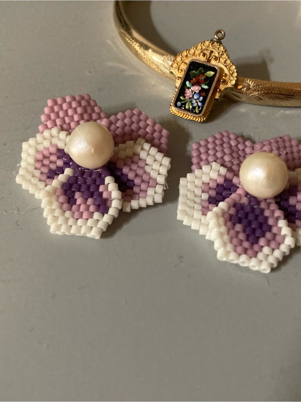 Handmade Purple & White Beaded Flower Earrings with Pearl Accent